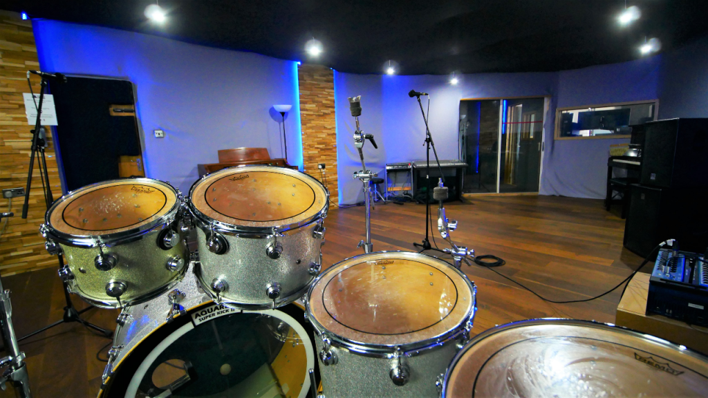 View from the drums in the Live Room of One Louder Studios' recording studio..